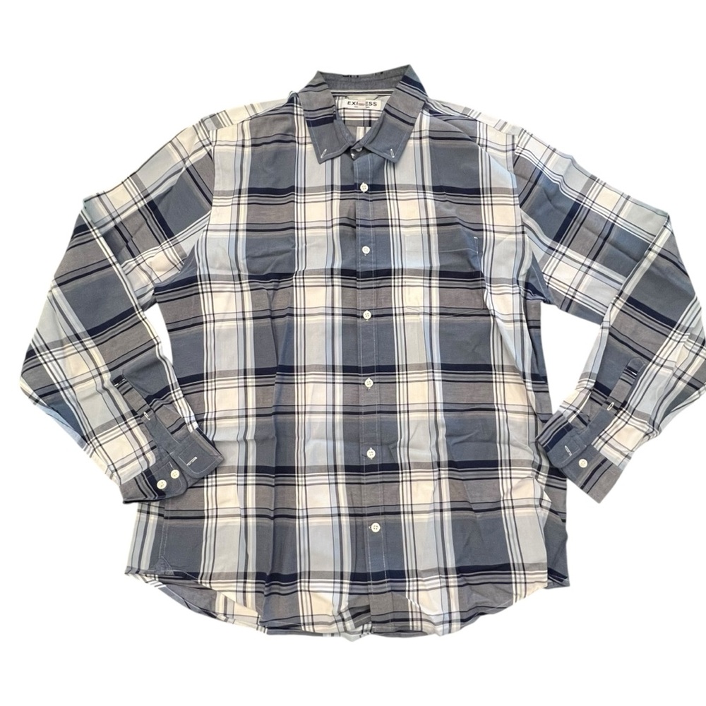 Express Blue White Plaid Cotton Button-Up Shirt‎ 2017 Soft Wash Business Casual